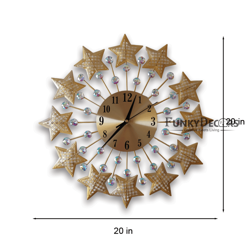 FunkyDecors 3D Golden Star Pallets Diamond Studded Wall Clock Watch Decor For Home Office And