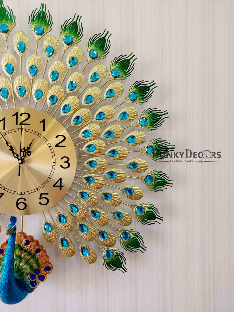 Funkytradition 3D Multicolor Peacock Feather Open Wall Clock Watch Decor For Home Office And Gifts