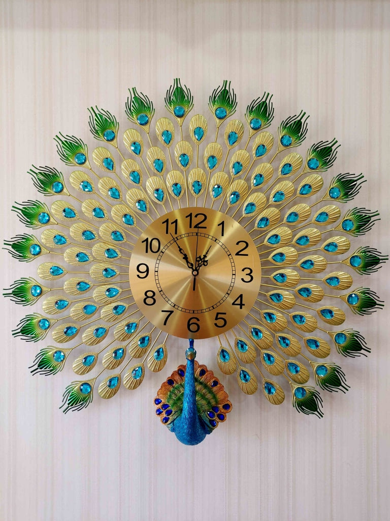 FunkyDecors 3D Multicolor Peacock Feather Open Wall Clock Watch Decor For Home Office And Gifts