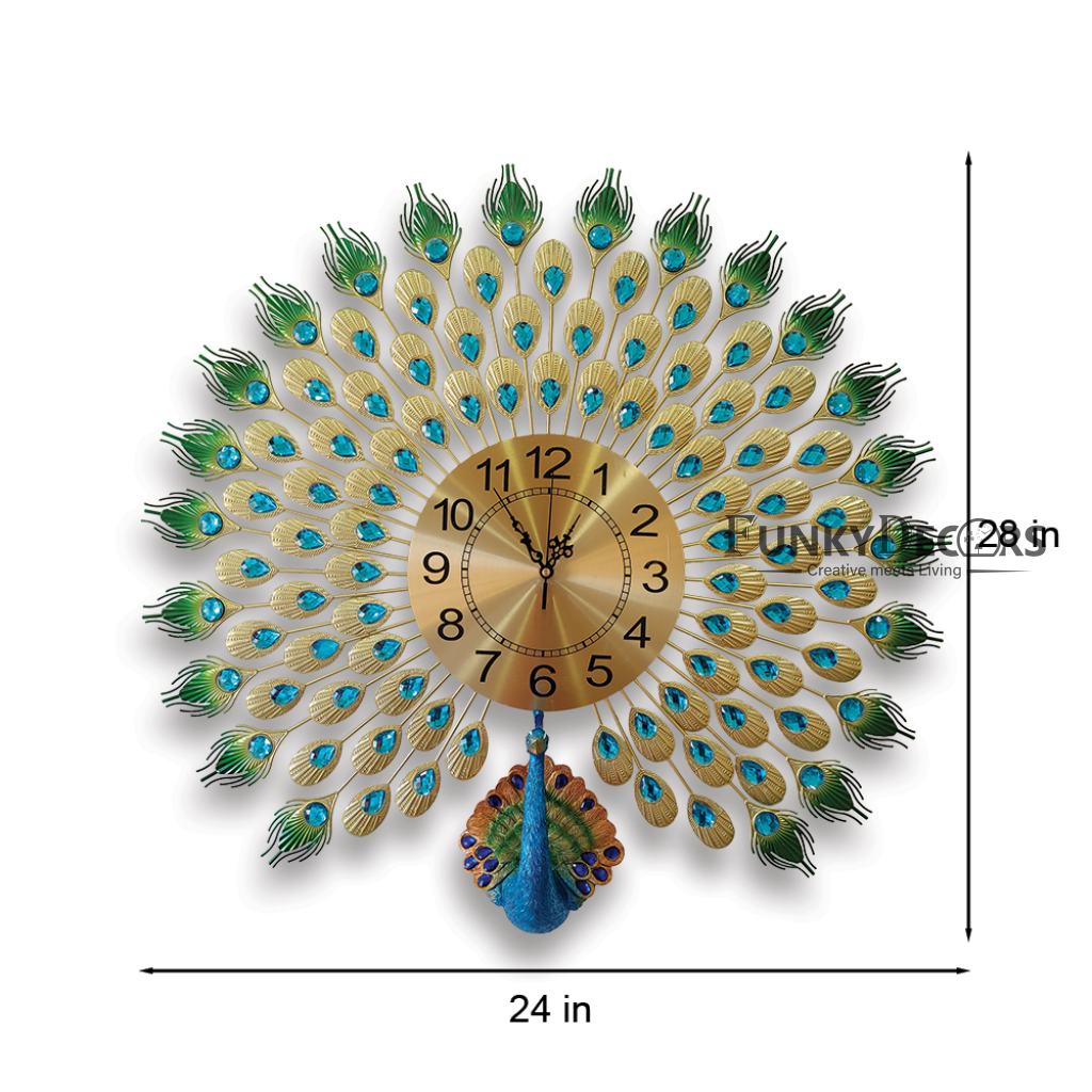 Funkytradition 3D Multicolor Peacock Feather Open Wall Clock Watch Decor For Home Office And Gifts