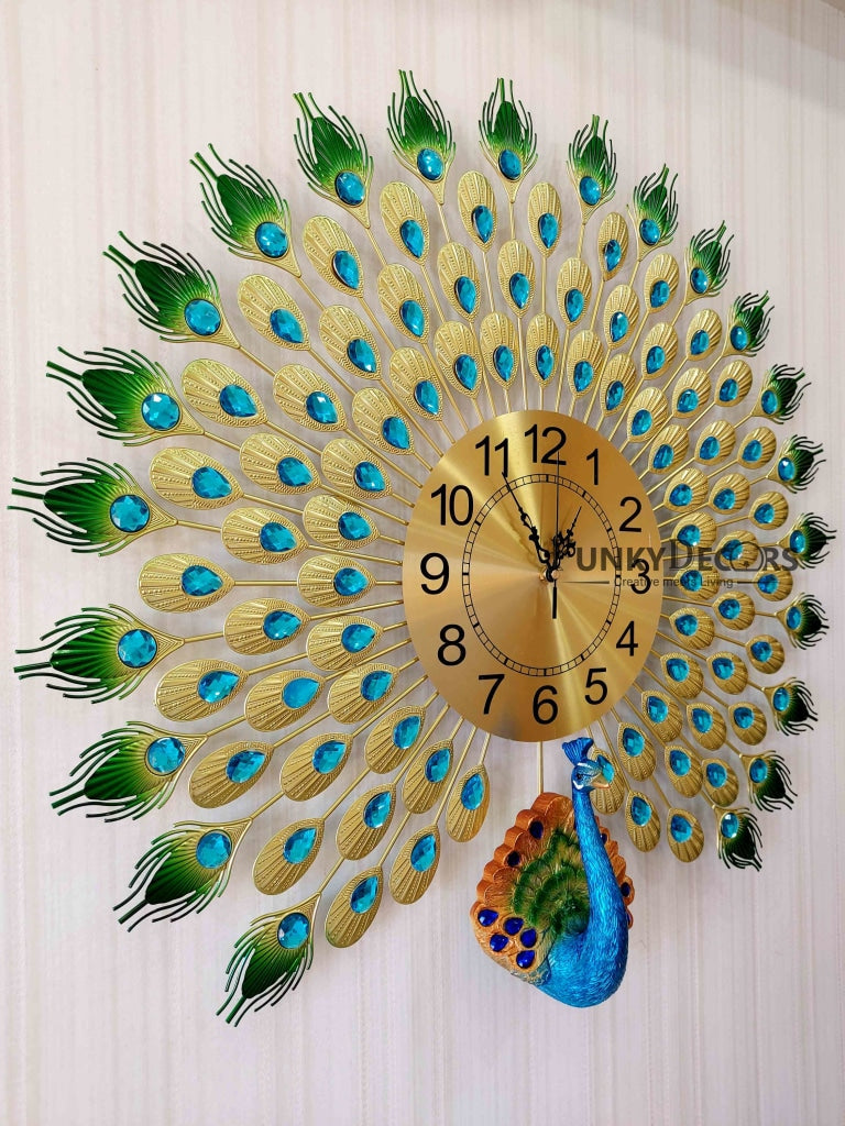 FunkyDecors 3D Multicolor Peacock Feather Open Wall Clock Watch Decor For Home Office And Gifts