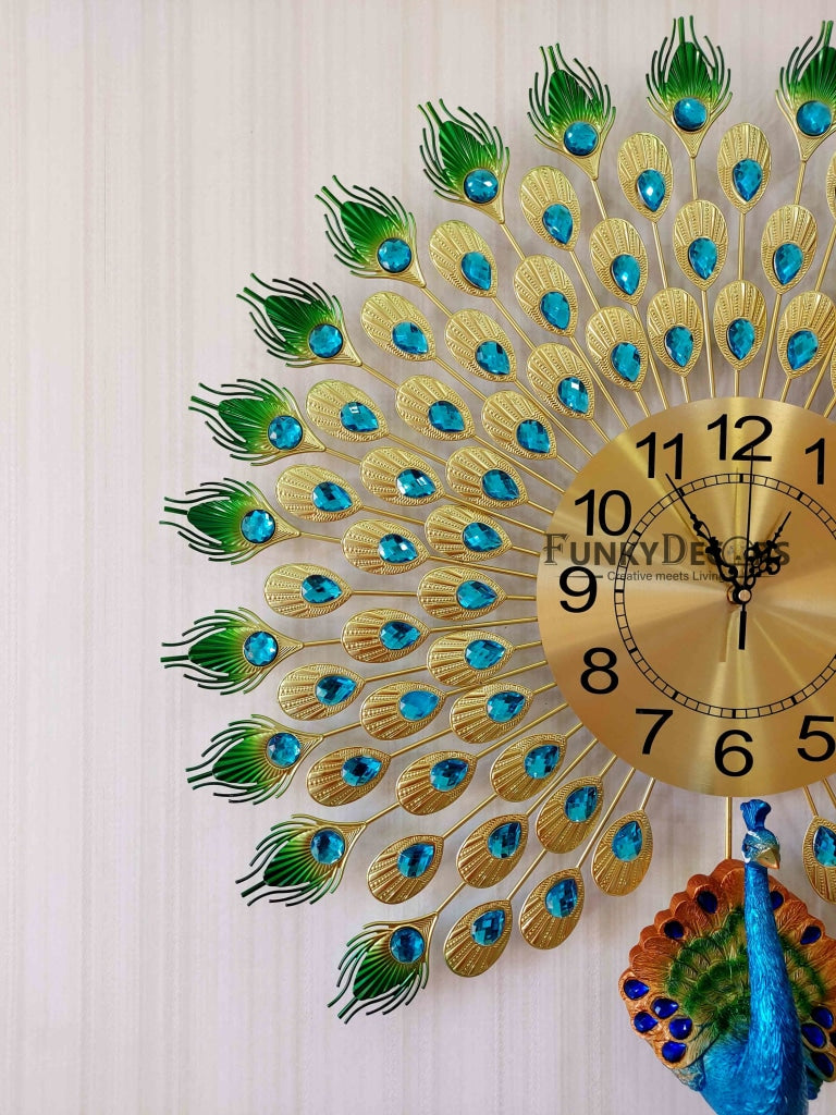 Funkytradition 3D Multicolor Peacock Feather Open Wall Clock Watch Decor For Home Office And Gifts