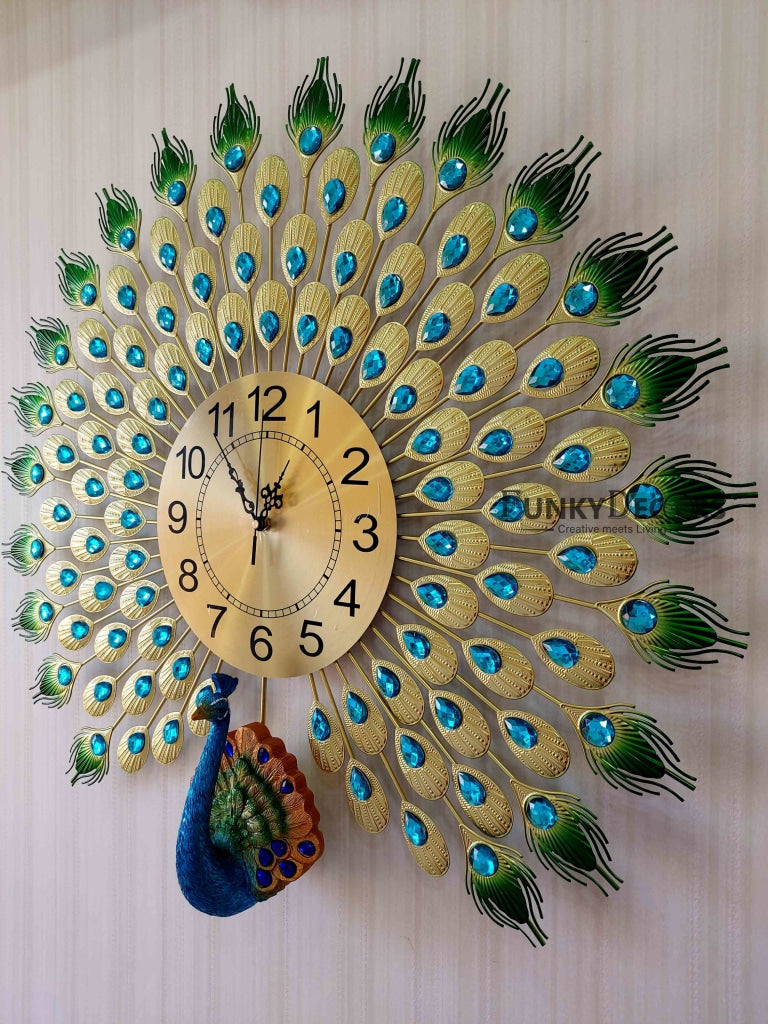 Funkytradition 3D Multicolor Peacock Feather Open Wall Clock Watch Decor For Home Office And Gifts