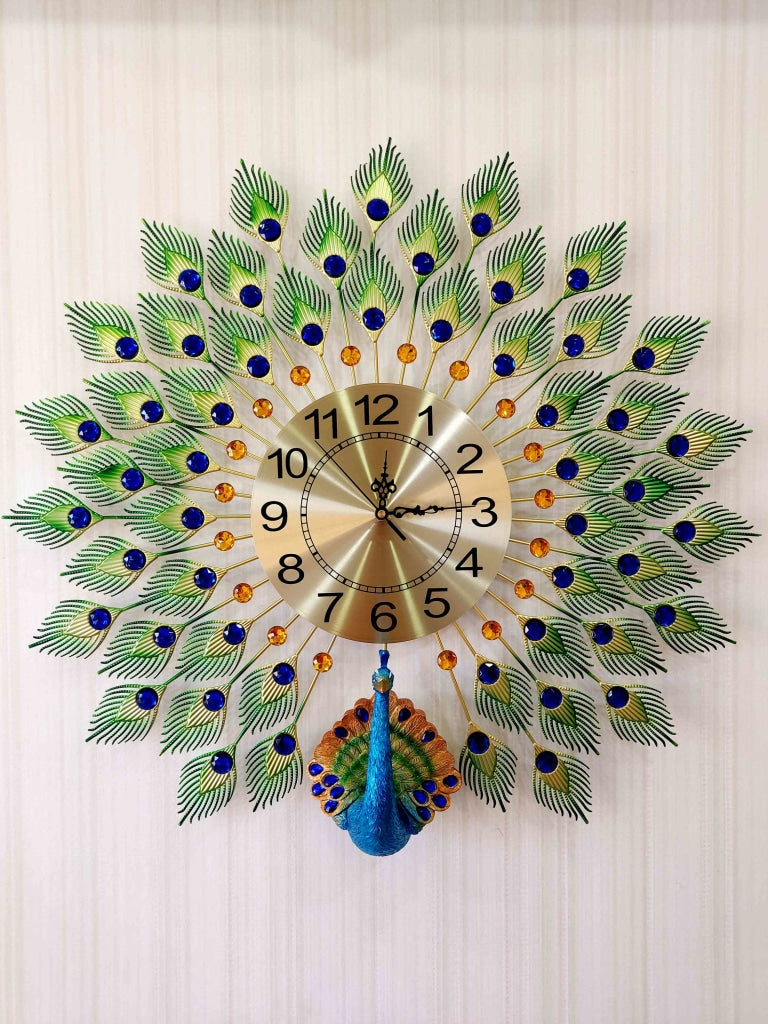 FunkyDecors 3D Multicolor Peacock Feather Open Wall Clock Watch Decor For Home Office And Gifts