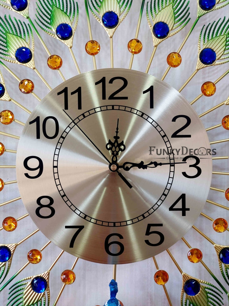 Funkytradition 3D Multicolor Peacock Feather Open Wall Clock Watch Decor For Home Office And Gifts