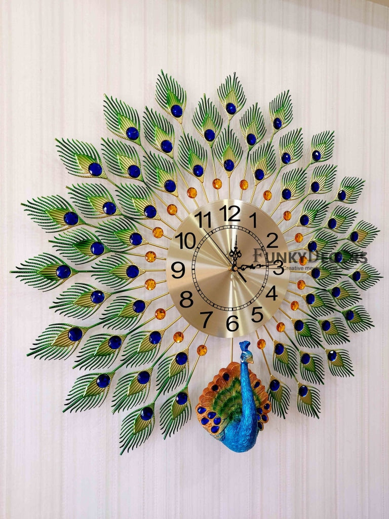 FunkyDecors 3D Multicolor Peacock Feather Open Wall Clock Watch Decor For Home Office And Gifts