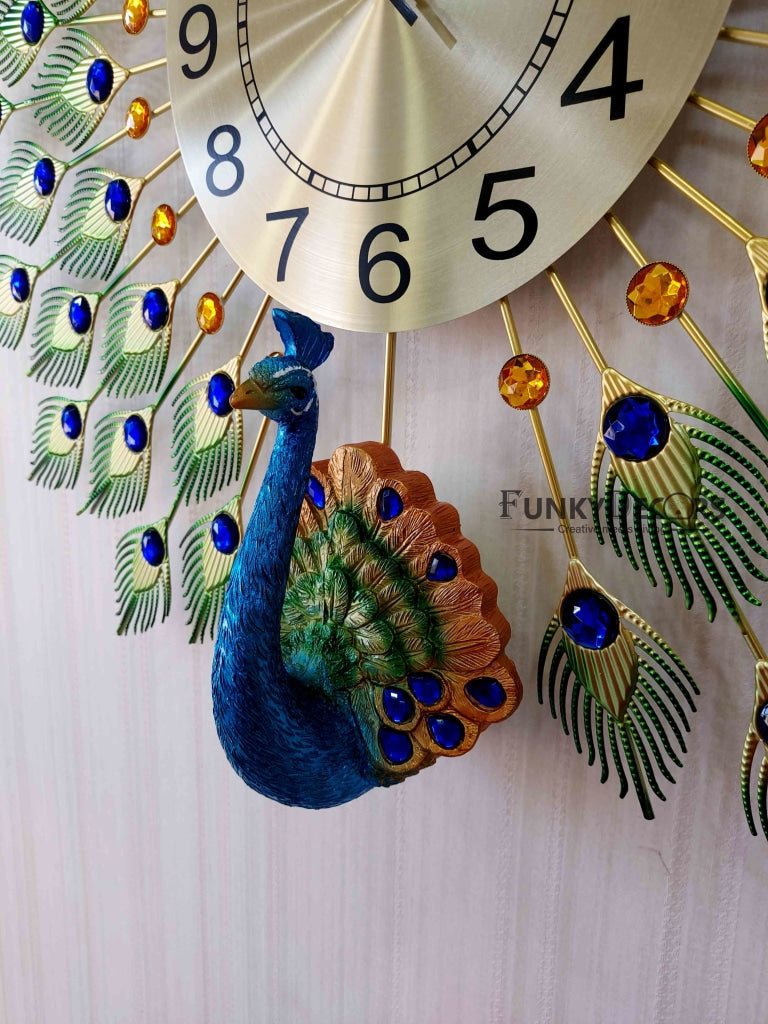 Funkytradition 3D Multicolor Peacock Feather Open Wall Clock Watch Decor For Home Office And Gifts
