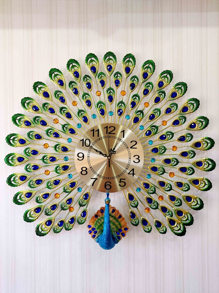 FunkyDecors 3D Multicolor Peacock Feather Open Wall Clock Watch Decor For Home Office And Gifts