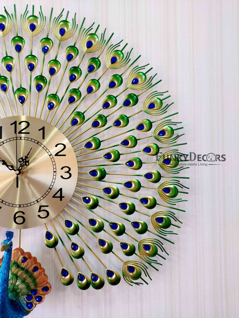 Funkytradition 3D Multicolor Peacock Feather Open Wall Clock Watch Decor For Home Office And Gifts