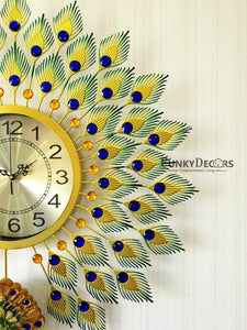 Funkytradition 3D Multicolor Peacock Feather Open Wall Clock Watch Decor For Home Office And Gifts