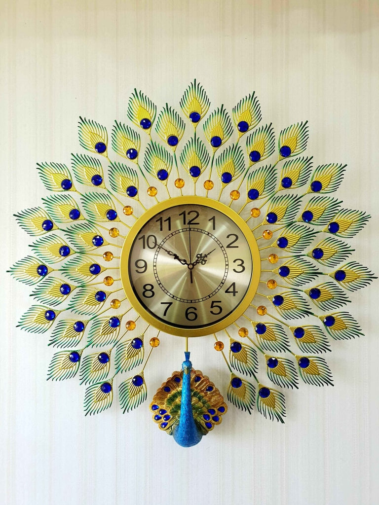 FunkyDecors 3D Multicolor Peacock Feather Open Wall Clock Watch Decor For Home Office And Gifts