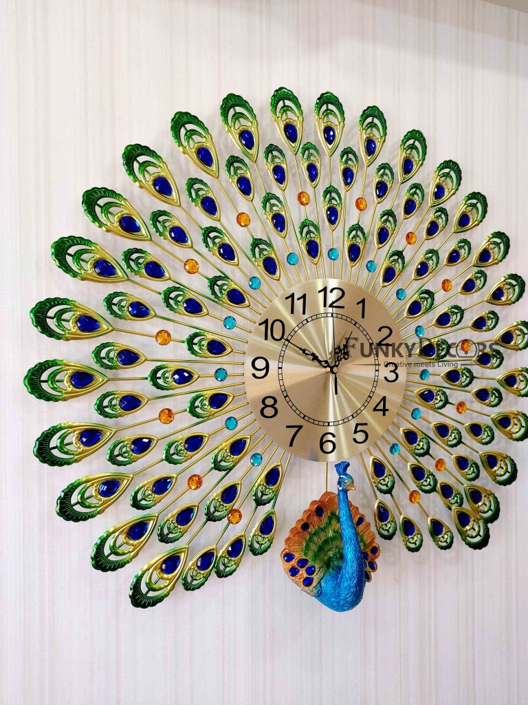 FunkyDecors 3D Multicolor Peacock Feather Open Wall Clock Watch Decor For Home Office And Gifts