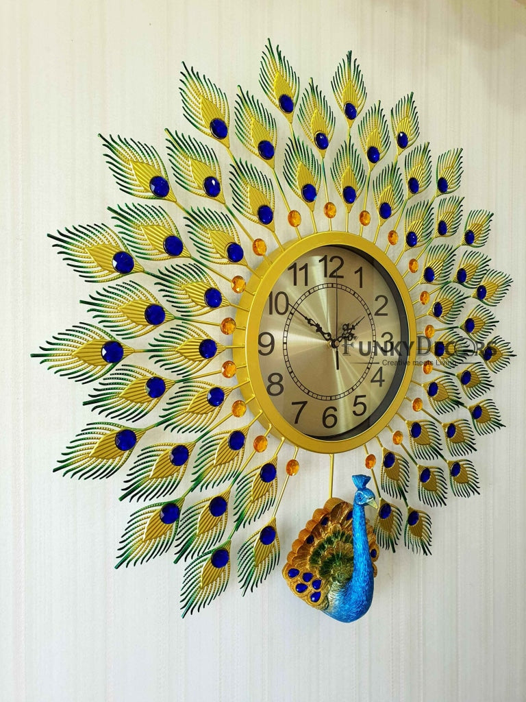 FunkyDecors 3D Multicolor Peacock Feather Open Wall Clock Watch Decor For Home Office And Gifts
