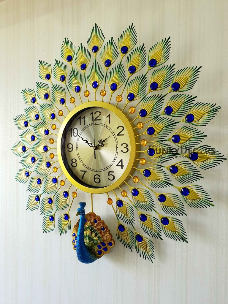 Funkytradition 3D Multicolor Peacock Feather Open Wall Clock Watch Decor For Home Office And Gifts