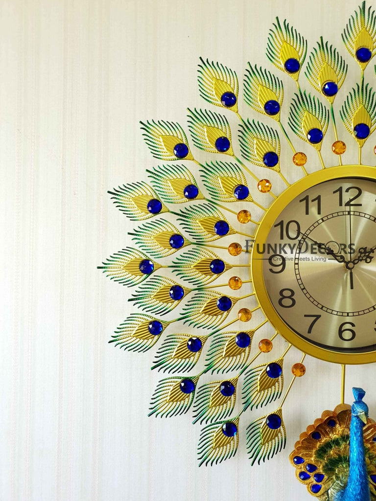 Funkytradition 3D Multicolor Peacock Feather Open Wall Clock Watch Decor For Home Office And Gifts