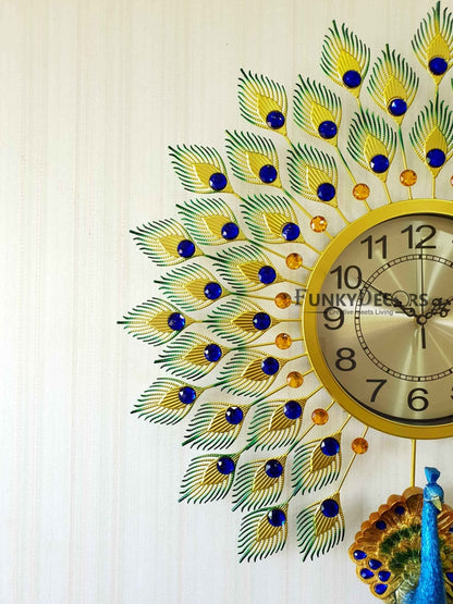 Funkytradition 3D Multicolor Peacock Feather Open Wall Clock Watch Decor For Home Office And Gifts