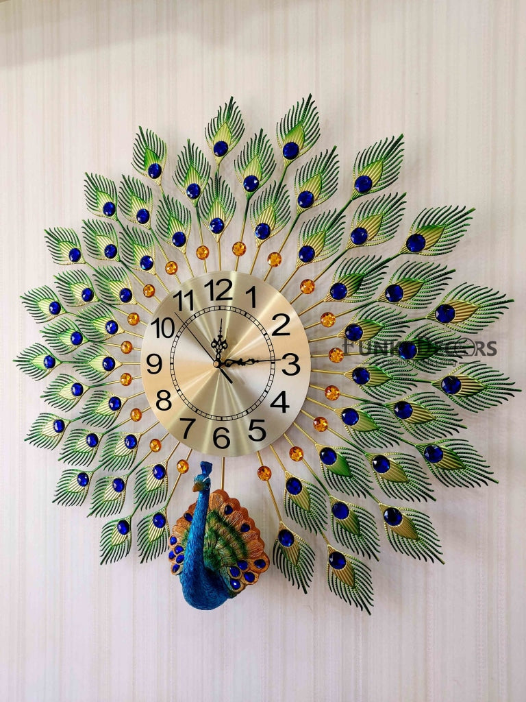 Funkytradition 3D Multicolor Peacock Feather Open Wall Clock Watch Decor For Home Office And Gifts