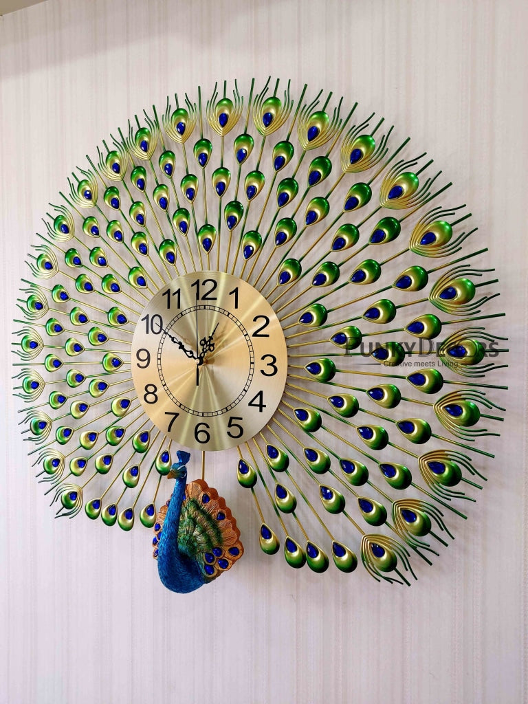 Funkytradition 3D Multicolor Peacock Feather Open Wall Clock Watch Decor For Home Office And Gifts