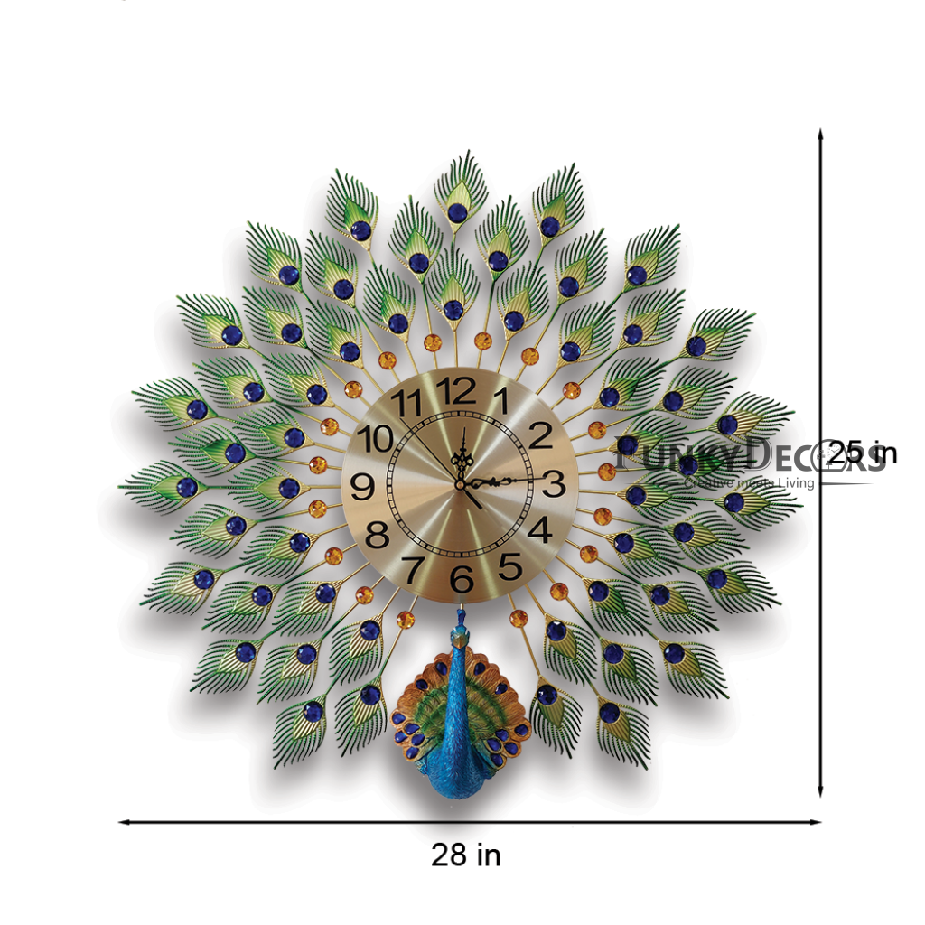 Funkytradition 3D Multicolor Peacock Feather Open Wall Clock Watch Decor For Home Office And Gifts