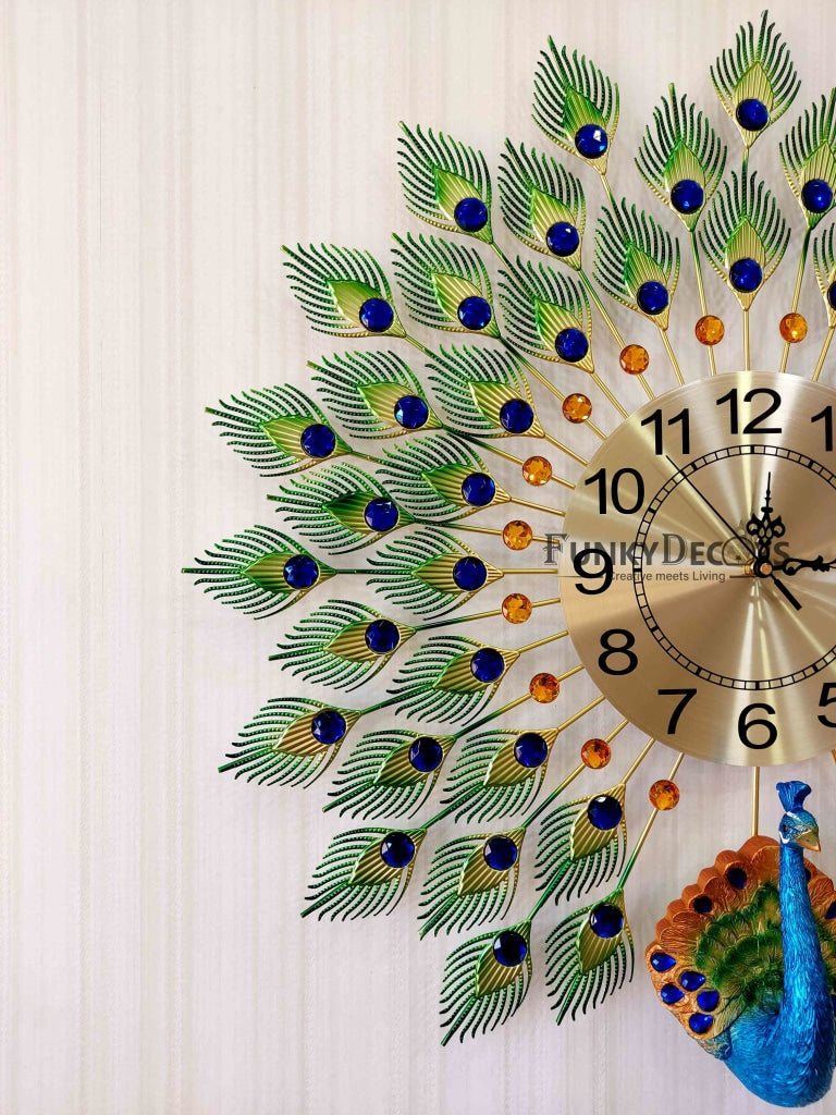 Funkytradition 3D Multicolor Peacock Feather Open Wall Clock Watch Decor For Home Office And Gifts