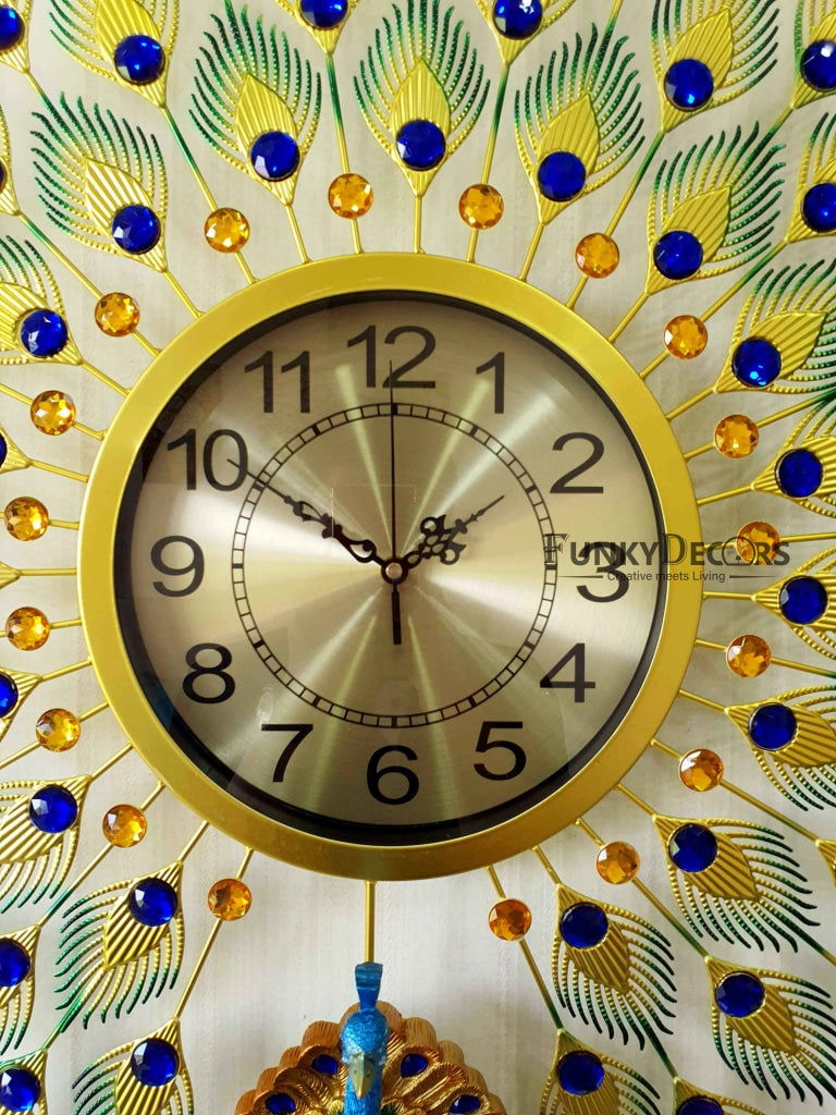 Funkytradition 3D Multicolor Peacock Feather Open Wall Clock Watch Decor For Home Office And Gifts