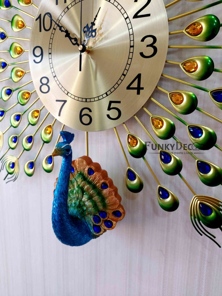 Funkytradition 3D Multicolor Peacock Feather Open Wall Clock Watch Decor For Home Office And Gifts