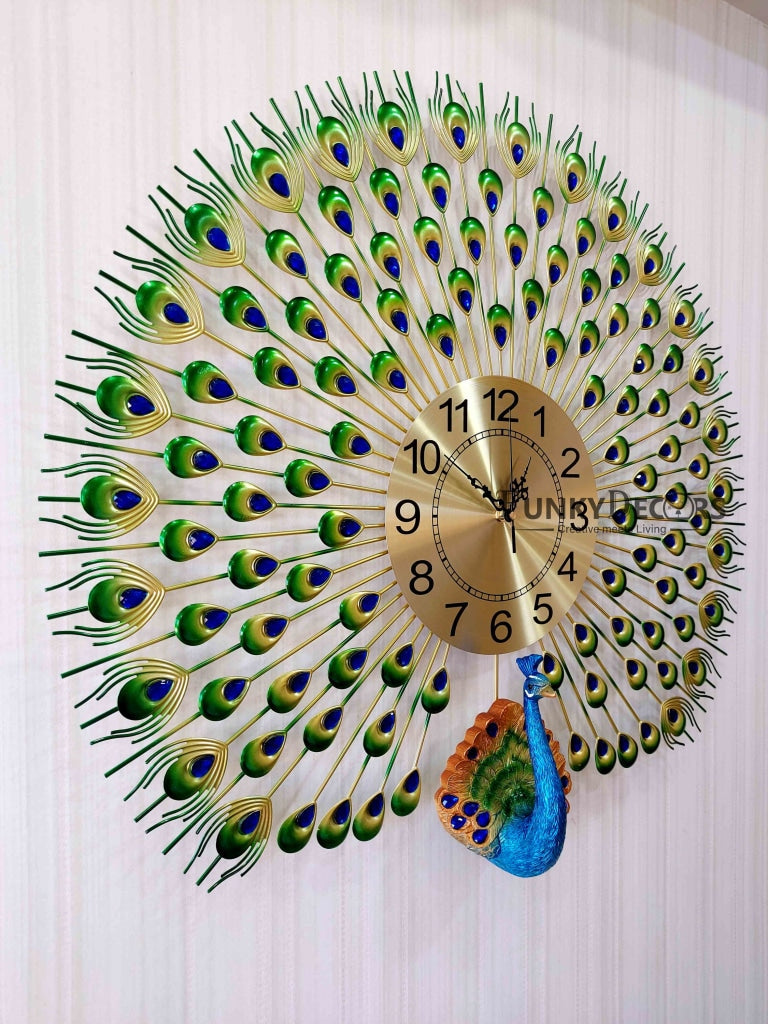 FunkyDecors 3D Multicolor Peacock Feather Open Wall Clock Watch Decor For Home Office And Gifts