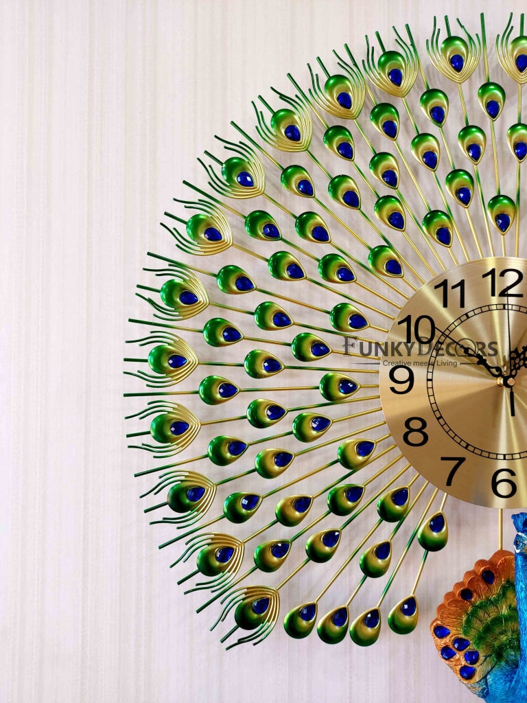 Funkytradition 3D Multicolor Peacock Feather Open Wall Clock Watch Decor For Home Office And Gifts