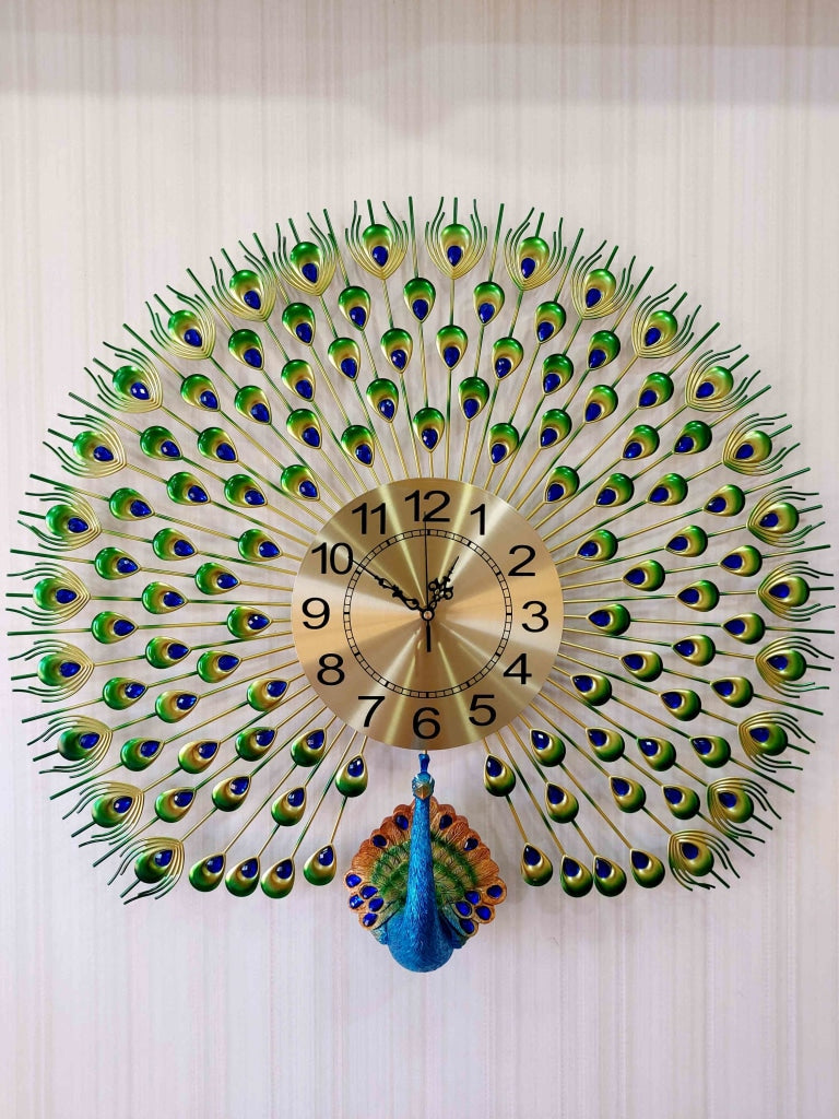 FunkyDecors 3D Multicolor Peacock Feather Open Wall Clock Watch Decor For Home Office And Gifts