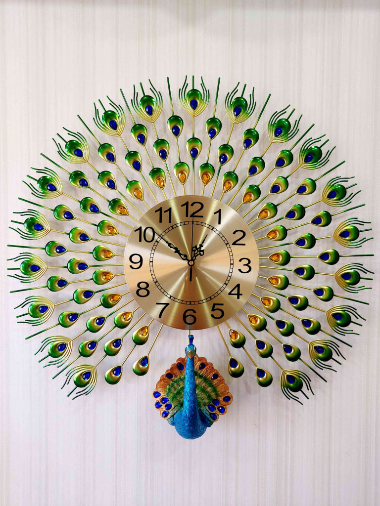 FunkyDecors 3D Multicolor Peacock Feather Open Wall Clock Watch Decor For Home Office And Gifts