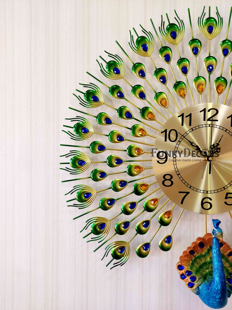FunkyDecors 3D Multicolor Peacock Feather Open Wall Clock Watch Decor For Home Office And Gifts