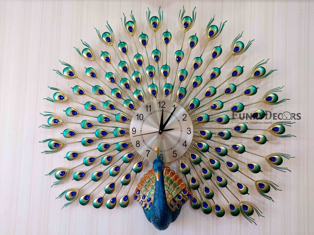FunkyDecors 3D Multicolor Peacock Feather Open Wall Clock Watch Decor For Home Office And Gifts