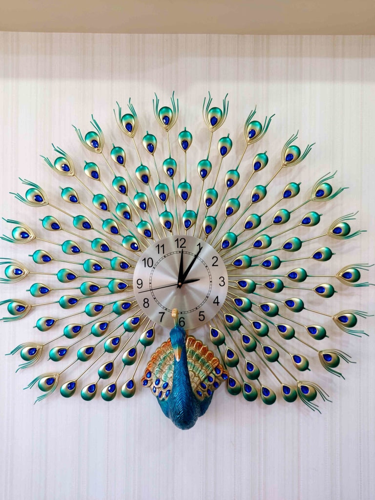 FunkyDecors 3D Multicolor Peacock Feather Open Wall Clock Watch Decor For Home Office And Gifts