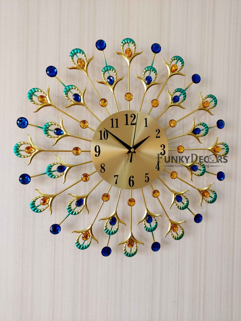 Funkytradition 3D Multicolor Peacock Feather Pallets Diamond Studded Wall Clock Watch Decor For Home