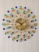 Load image into Gallery viewer, Funkytradition 3D Multicolor Peacock Feather Pallets Diamond Studded Wall Clock Watch Decor For Home
