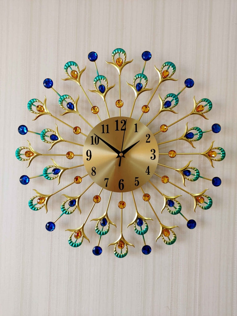 FunkyTradition 3D Multicolor Peacock Feather Pallets Diamond Studded Wall Clock, Wall Watch, Wall Decor for Home Office Decor and Gifts 45 CM Tall