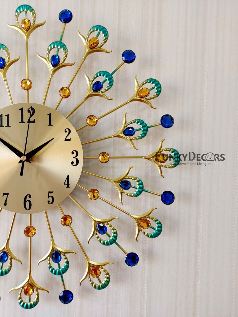 Funkytradition 3D Multicolor Peacock Feather Pallets Diamond Studded Wall Clock Watch Decor For Home