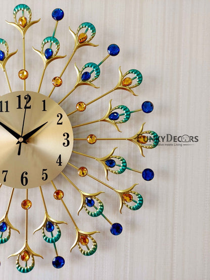 Funkytradition 3D Multicolor Peacock Feather Pallets Diamond Studded Wall Clock Watch Decor For Home