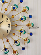 Load image into Gallery viewer, Funkytradition 3D Multicolor Peacock Feather Pallets Diamond Studded Wall Clock Watch Decor For Home
