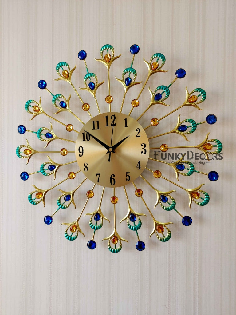 Funkytradition 3D Multicolor Peacock Feather Pallets Diamond Studded Wall Clock Watch Decor For Home