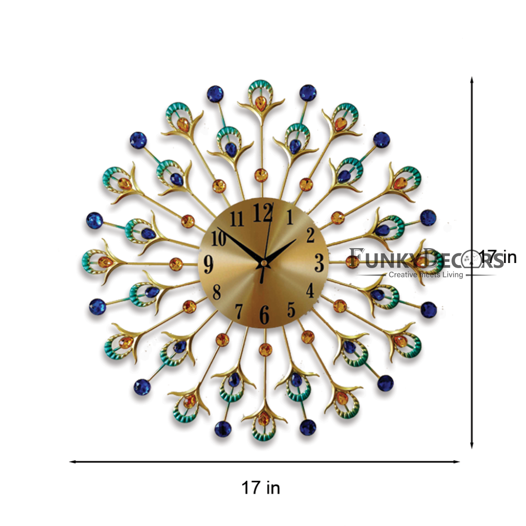 Funkytradition 3D Multicolor Peacock Feather Pallets Diamond Studded Wall Clock Watch Decor For Home