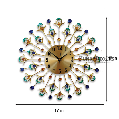 Funkytradition 3D Multicolor Peacock Feather Pallets Diamond Studded Wall Clock Watch Decor For Home