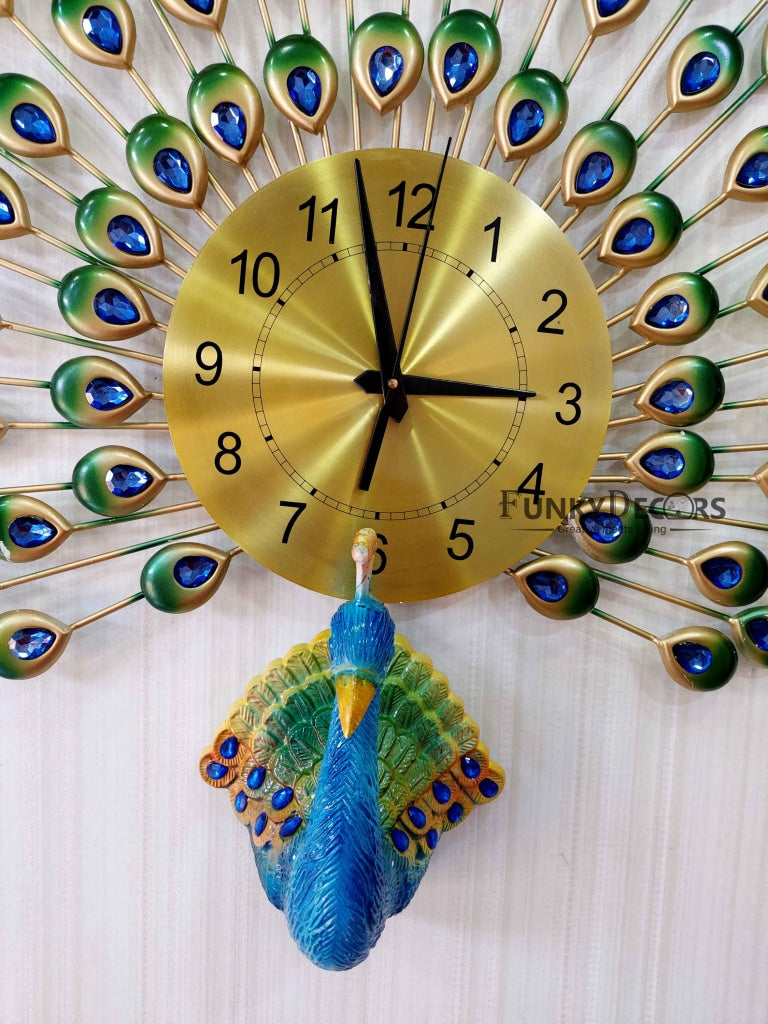 FunkyDecors 3D Peacock Feather Open Wall Clock Watch Decor For Home Office And Gifts 80 Cm Tall