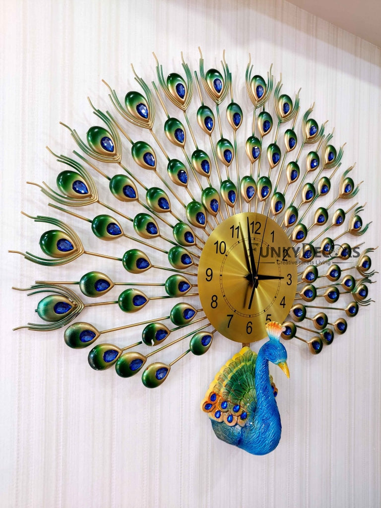 FunkyDecors 3D Peacock Feather Open Wall Clock Watch Decor For Home Office And Gifts 80 Cm Tall