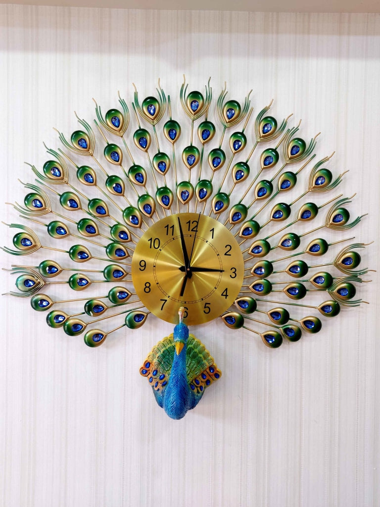FunkyDecors 3D Peacock Feather Open Wall Clock Watch Decor For Home Office And Gifts 80 Cm Tall