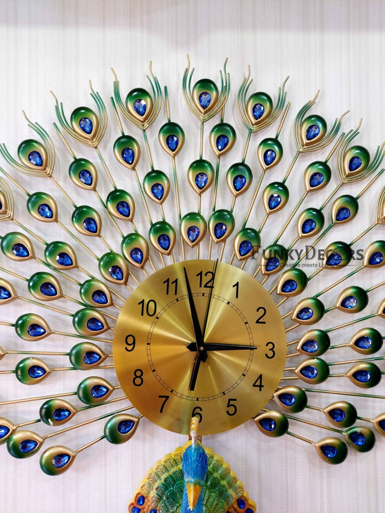 FunkyDecors 3D Peacock Feather Open Wall Clock Watch Decor For Home Office And Gifts 80 Cm Tall
