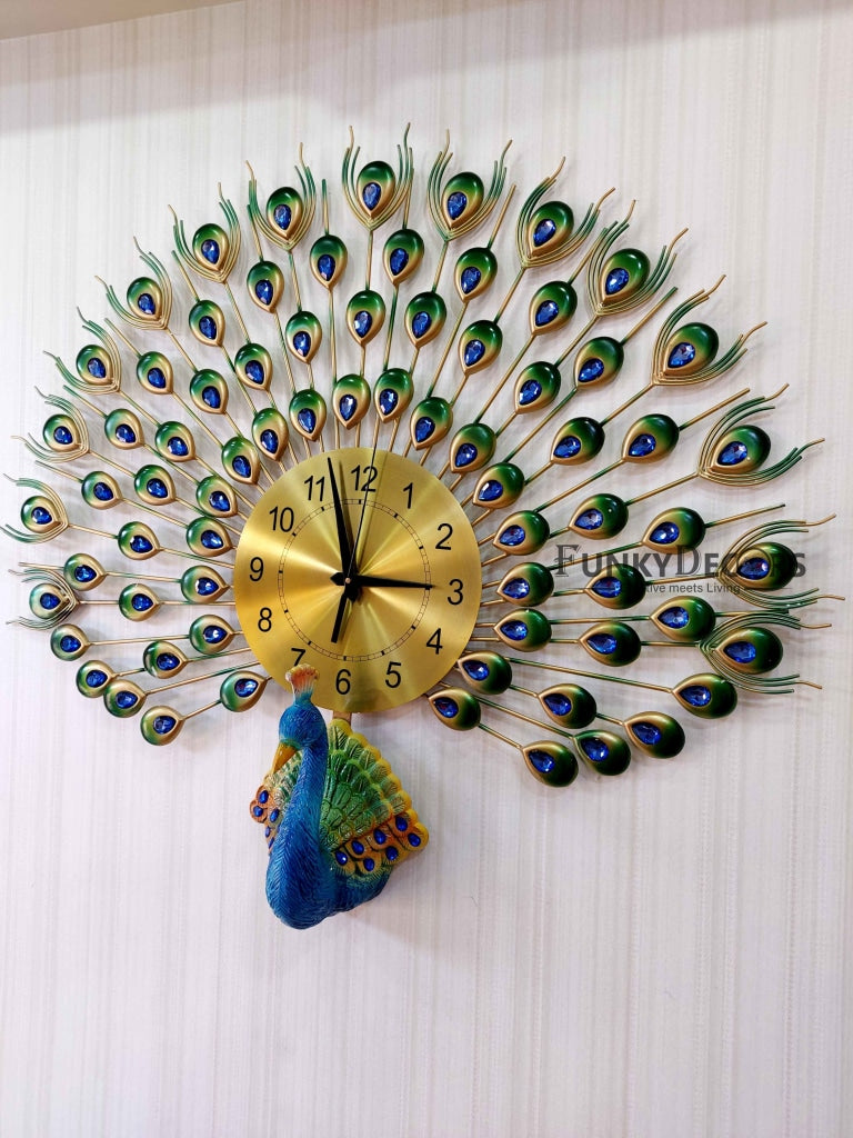 FunkyDecors 3D Peacock Feather Open Wall Clock Watch Decor For Home Office And Gifts 80 Cm Tall