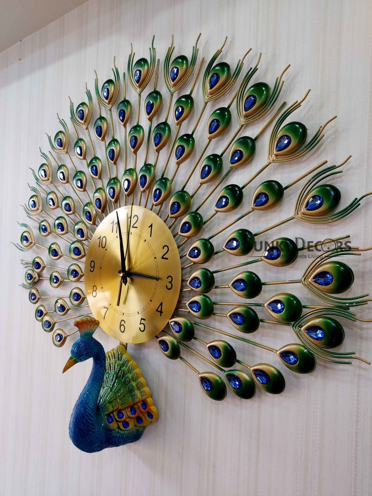 FunkyDecors 3D Peacock Feather Open Wall Clock Watch Decor For Home Office And Gifts 80 Cm Tall