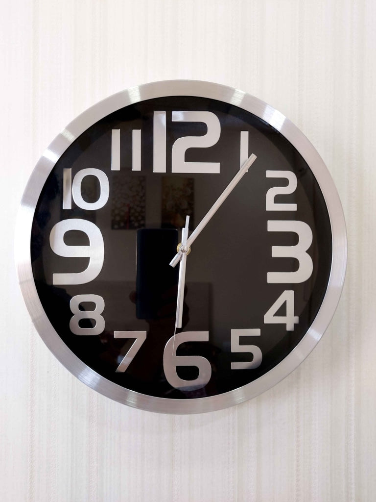 FunkyDecors Big Font Silver Black Minimal Wall Clock Watch Decor For Home Office And Gifts 30 Cm