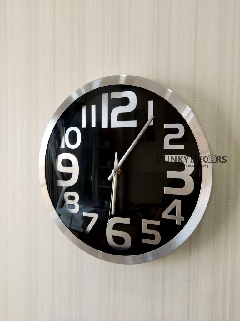 FunkyDecors Big Font Silver Black Minimal Wall Clock Watch Decor For Home Office And Gifts 30 Cm